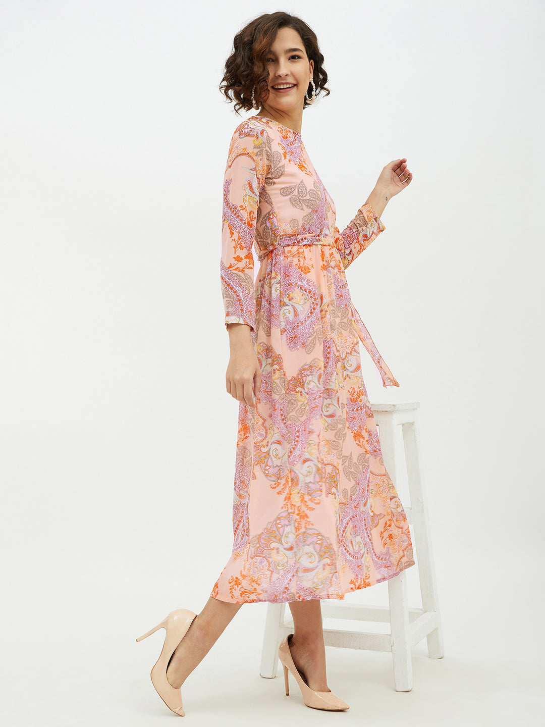 Women's Peach Printed Long Dress