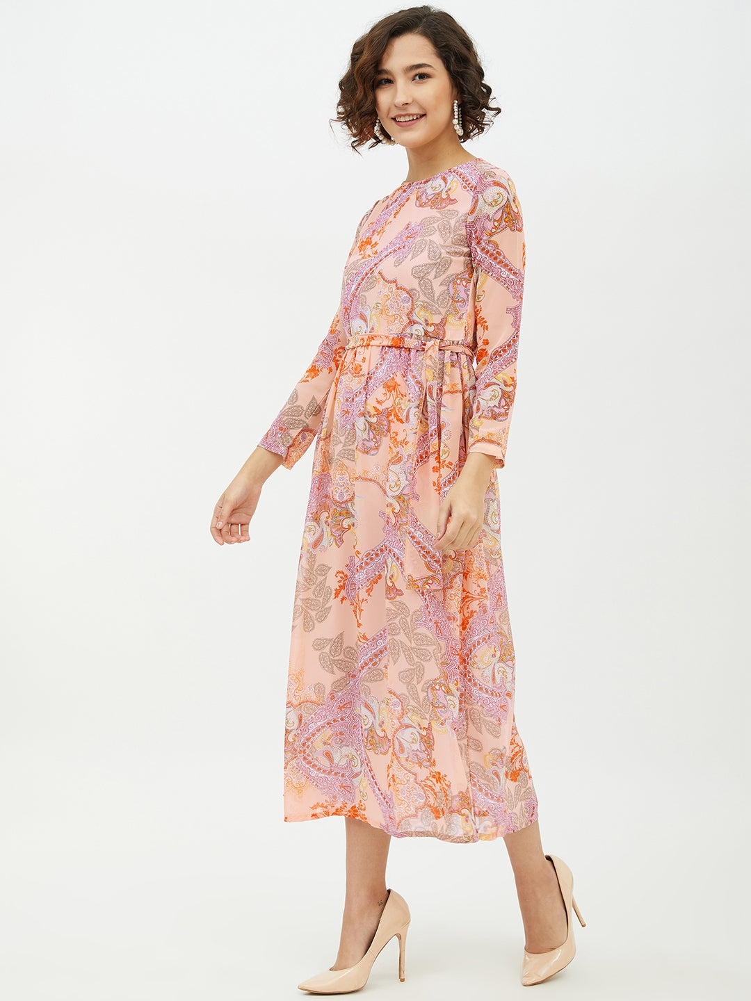 Women's Peach Printed Long Dress