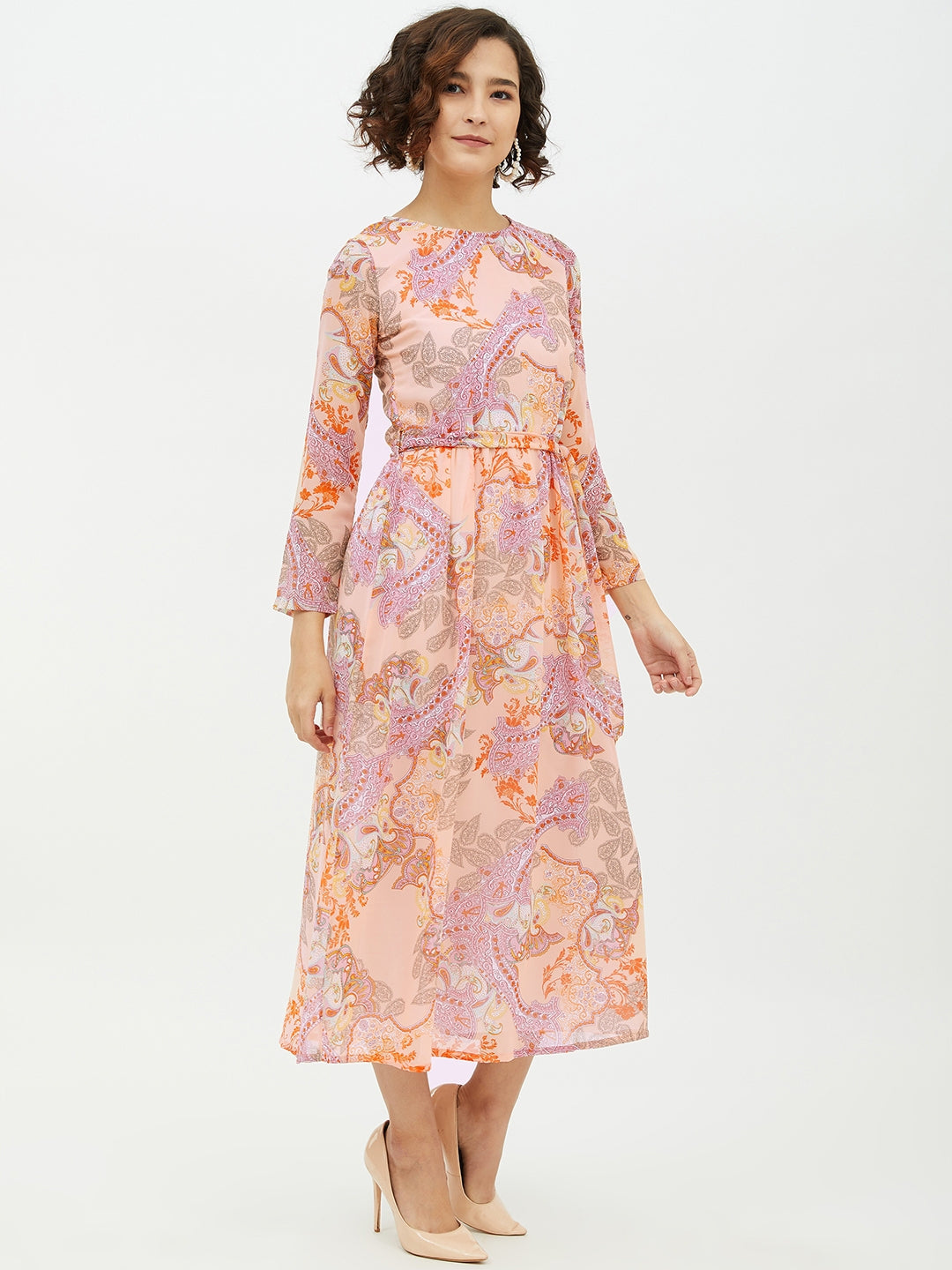 Women's Peach Printed Long Dress