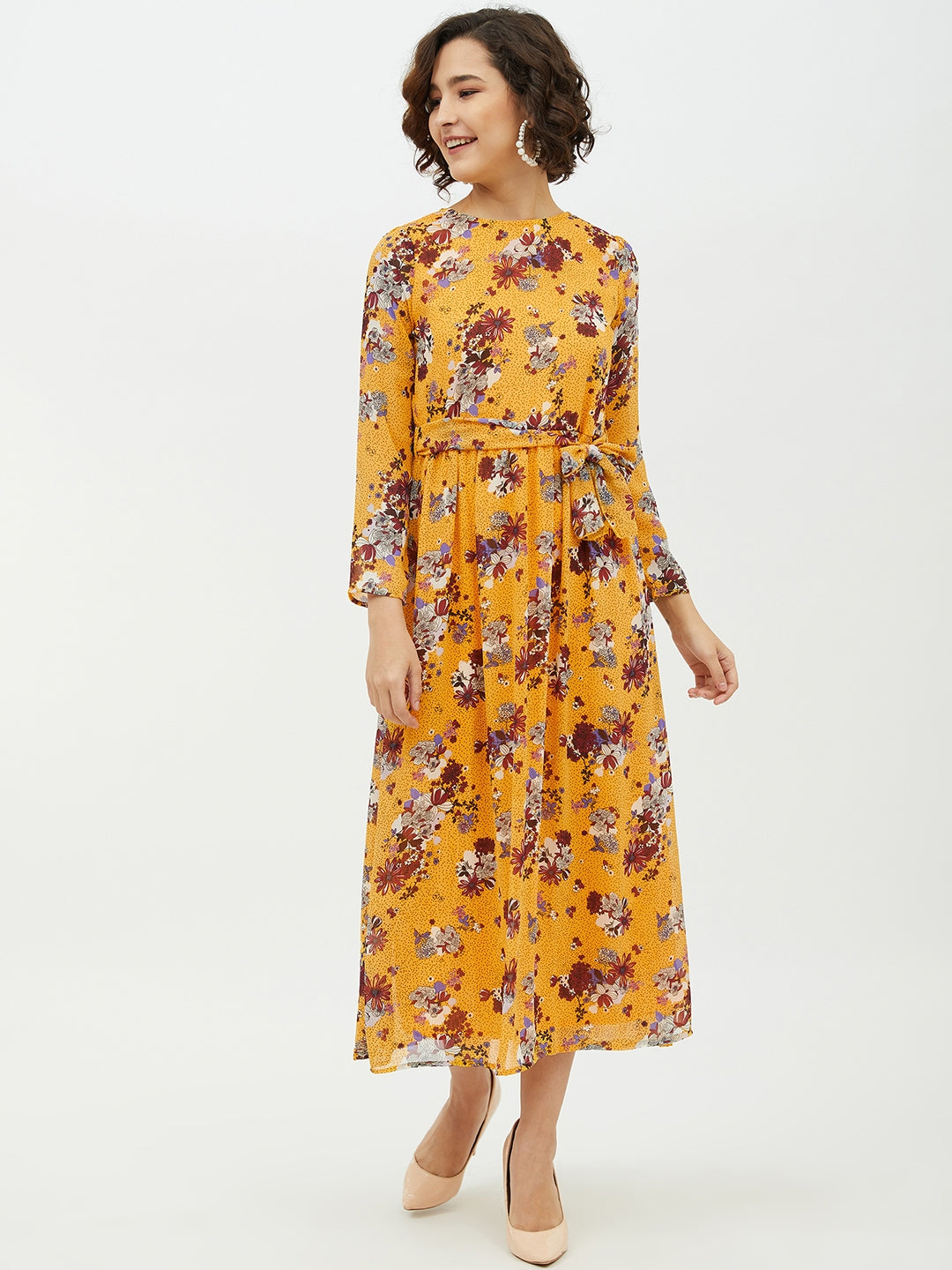 Women's Yellow Printed Floral Long Dress