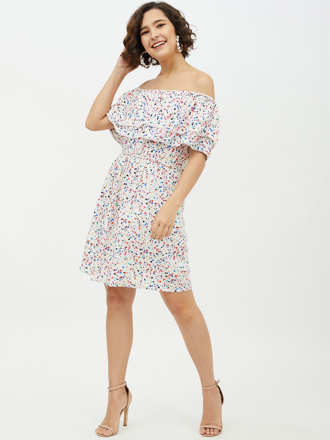 Women's Multi Heart Printed Off shoulder Dress