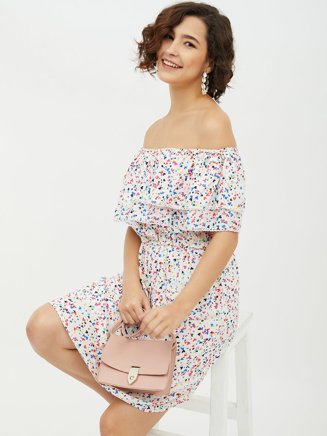 Women's Multi Heart Printed Off shoulder Dress