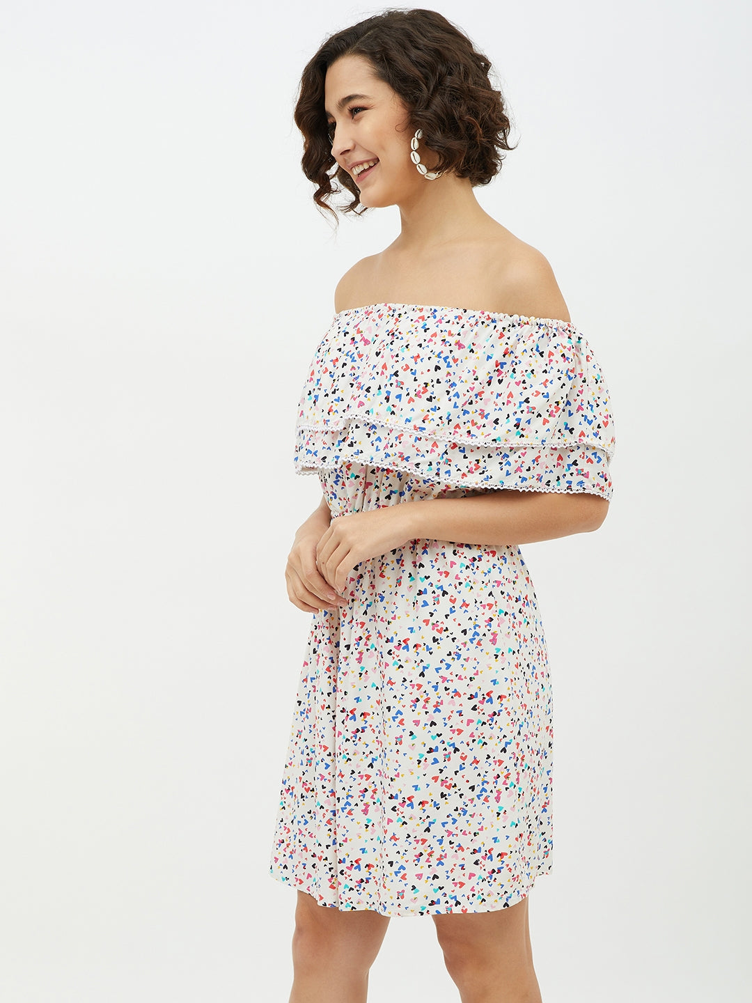 Women's Multi Heart Printed Off shoulder Dress