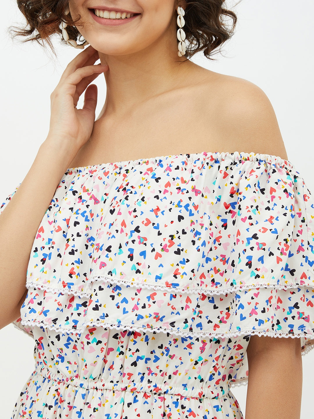 Women's Multi Heart Printed Off shoulder Dress