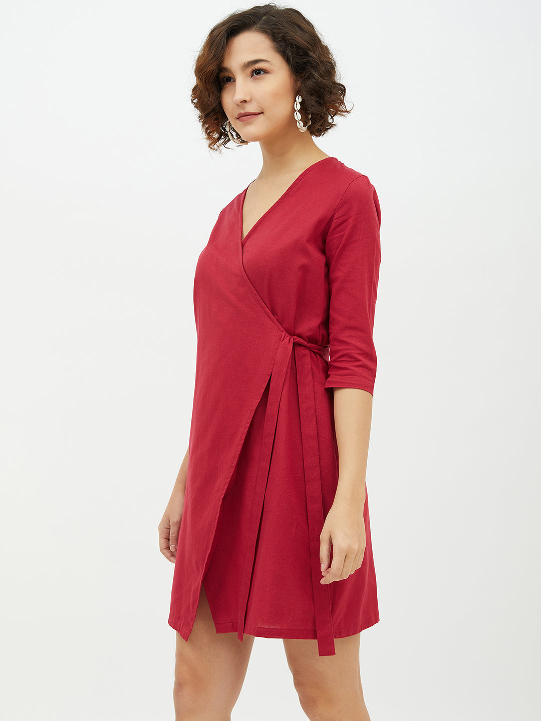 Women's Maroon Cotton Linen Wrap Dress