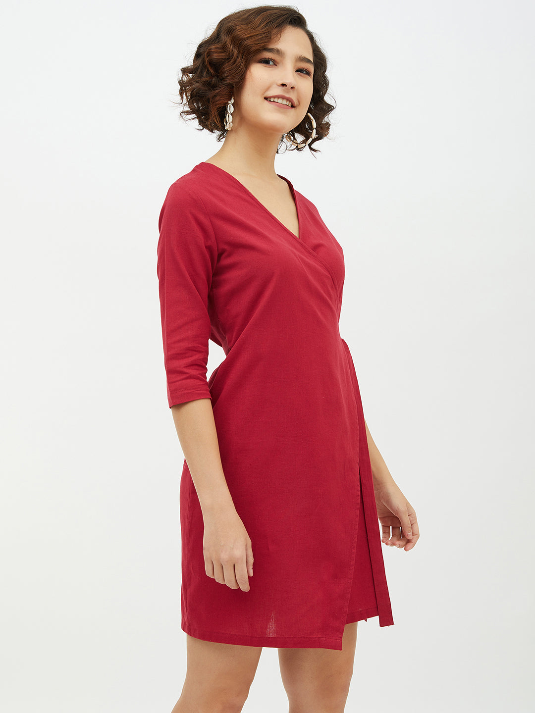 Women's Maroon Cotton Linen Wrap Dress