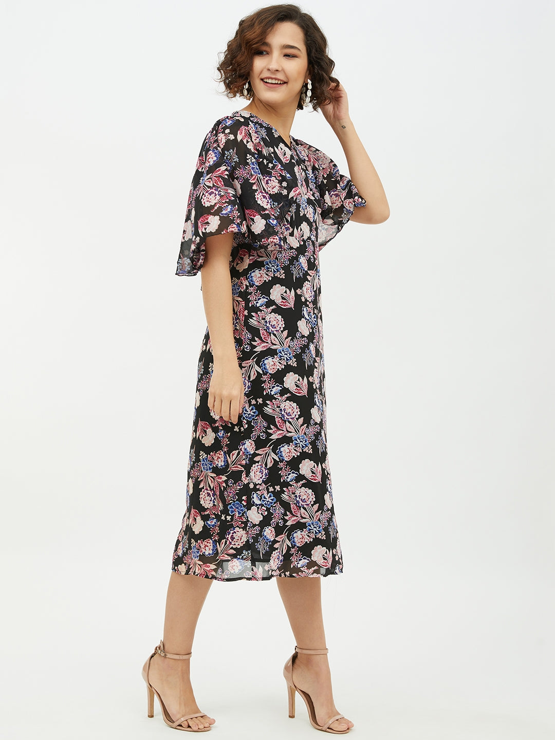 Women's Polyester Georgette Floral Print Cape style Dress