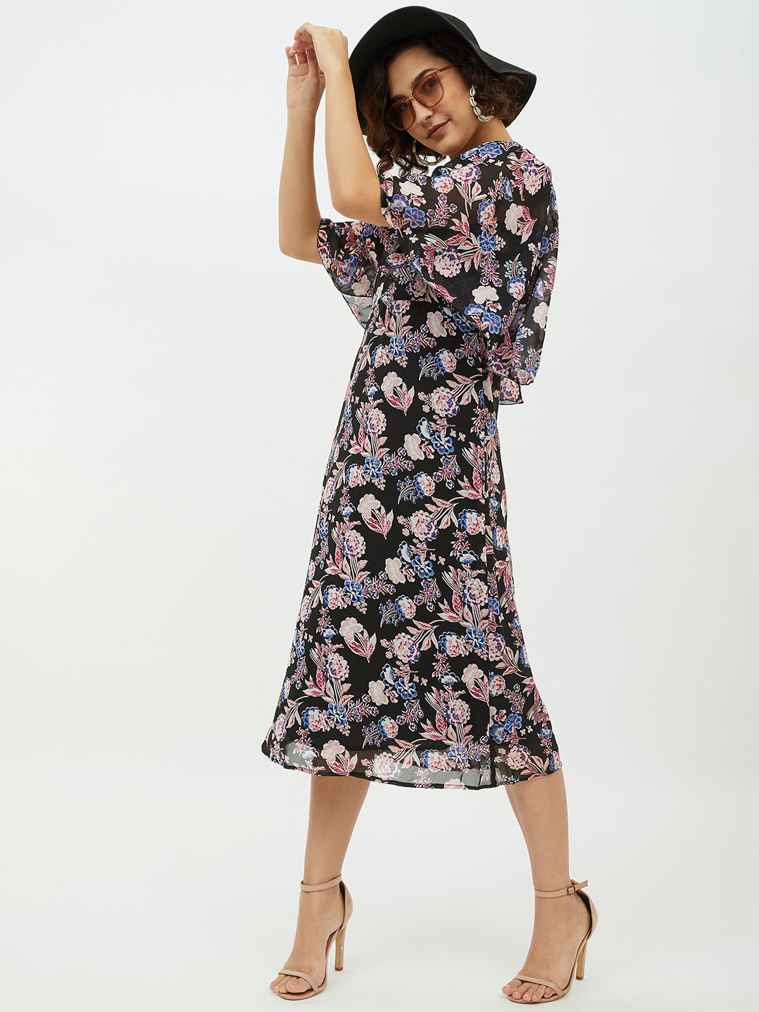 Women's Polyester Georgette Floral Print Cape style Dress