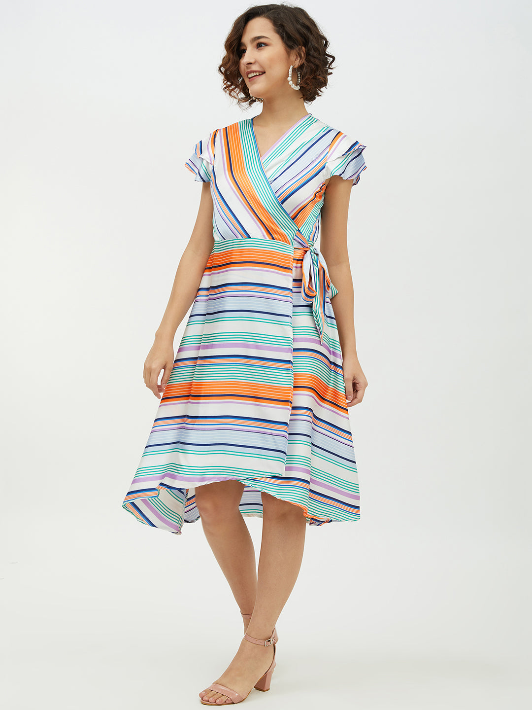Women's Polyester Satin Striped Wrap Dress