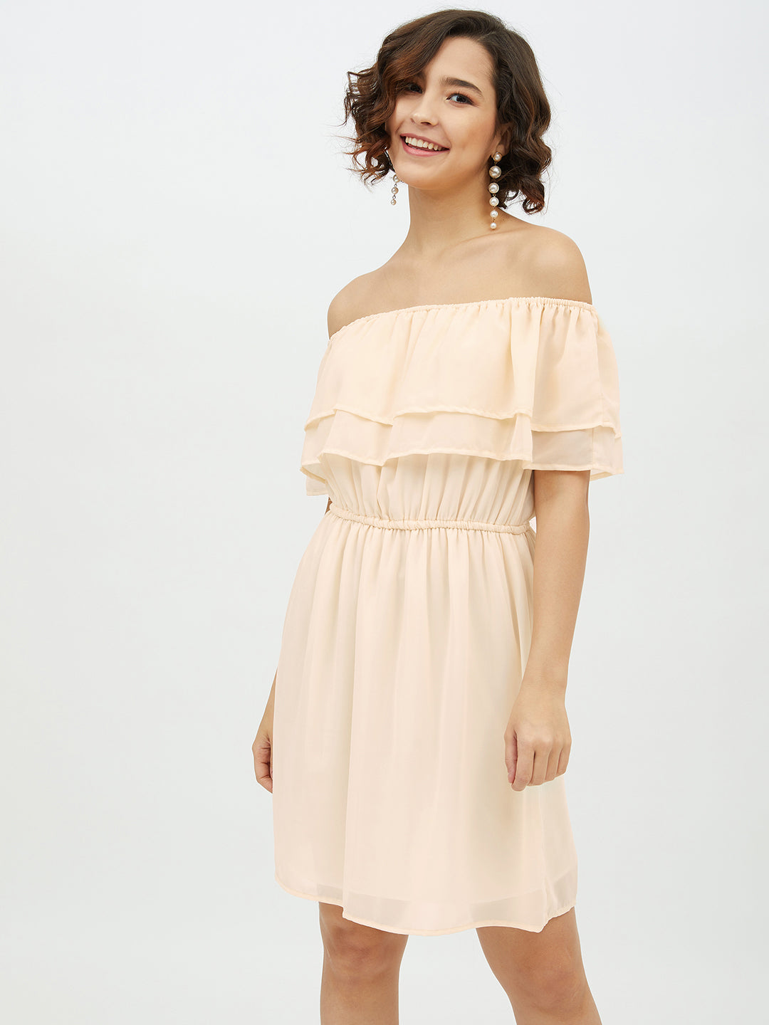 Women's Peach Off-Shoulder Georgette Dress