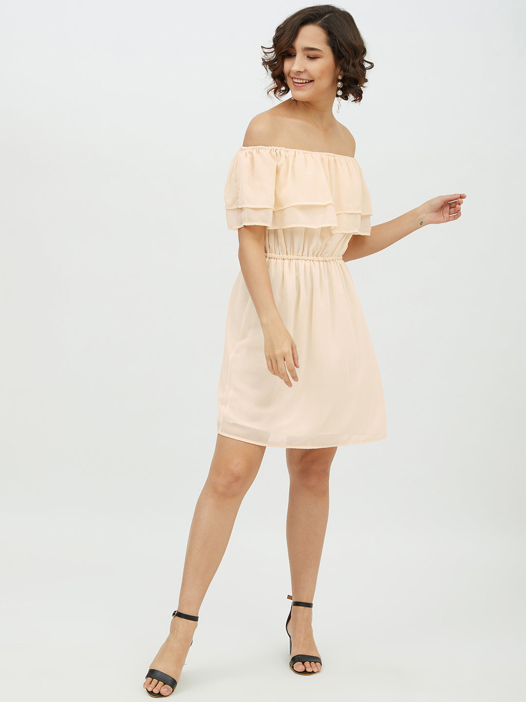 Women's Peach Off-Shoulder Georgette Dress