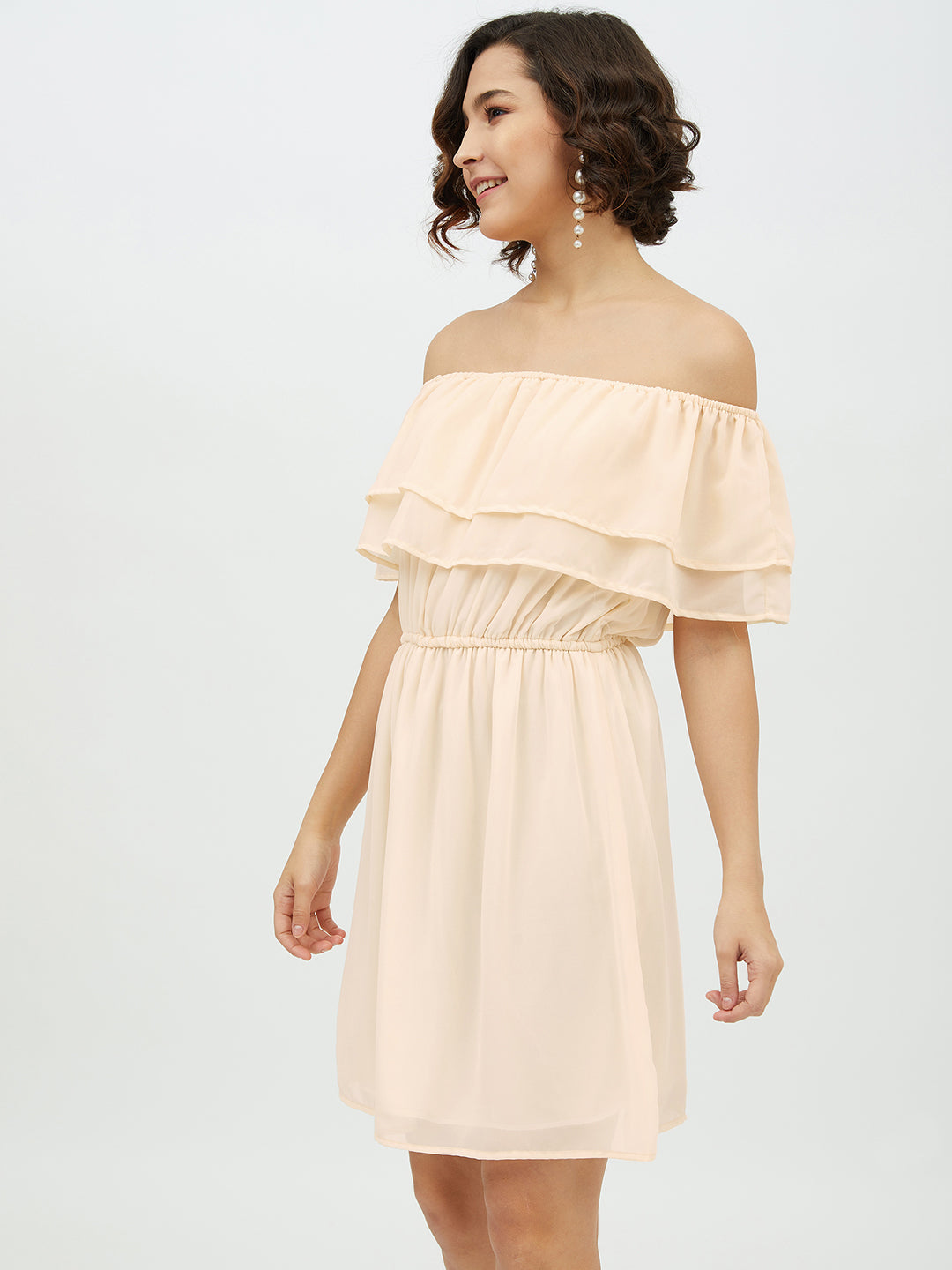 Women's Peach Off-Shoulder Georgette Dress