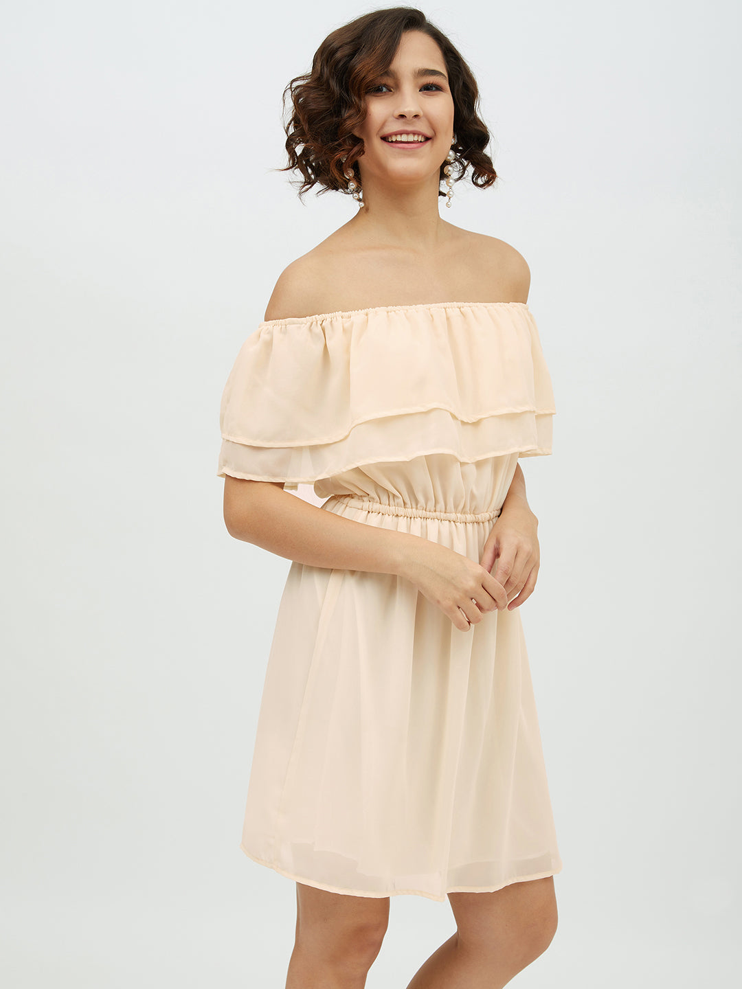 Women's Peach Off-Shoulder Georgette Dress