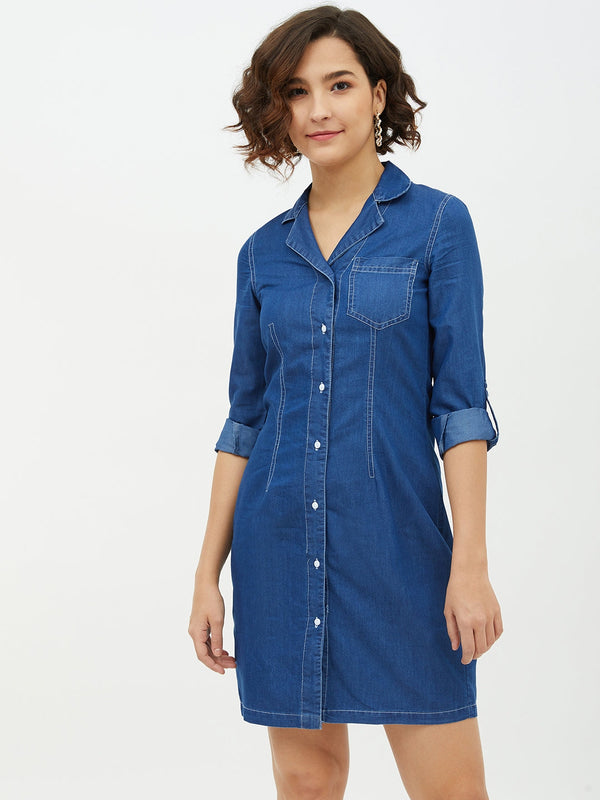 Women's Denim Lapel Collar Shirt Dress