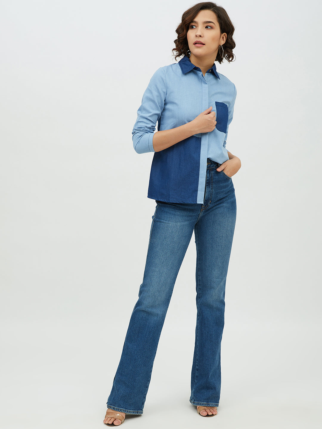 Women's Blue Colour Block Denim Shirt