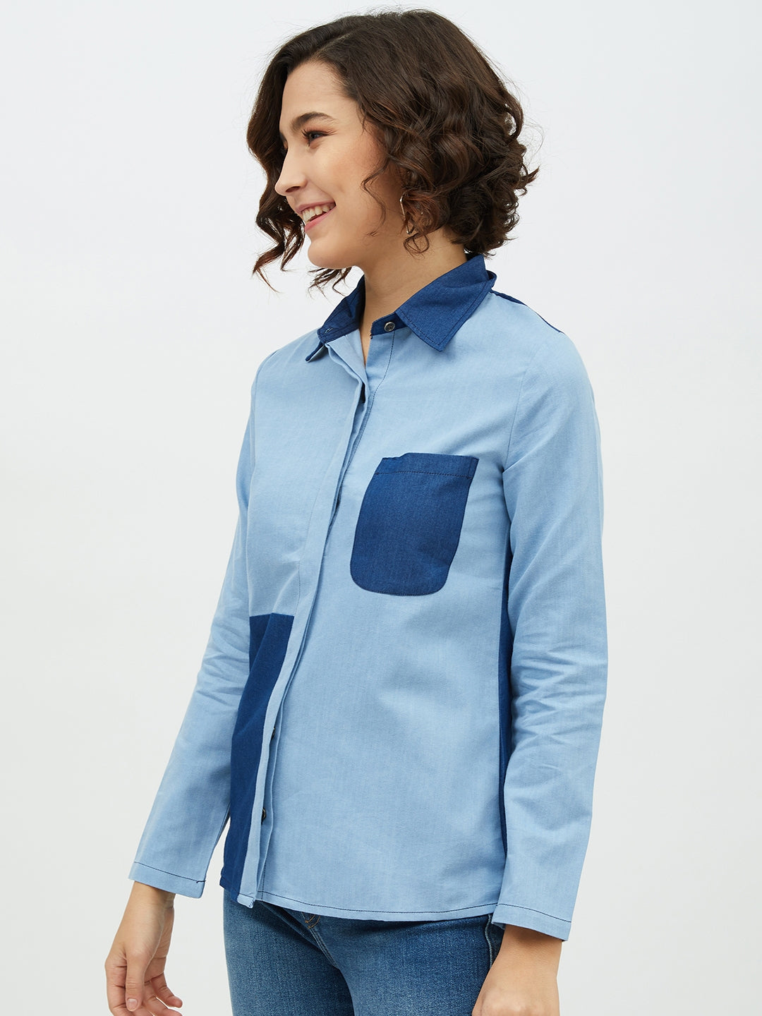 Women's Blue Colour Block Denim Shirt