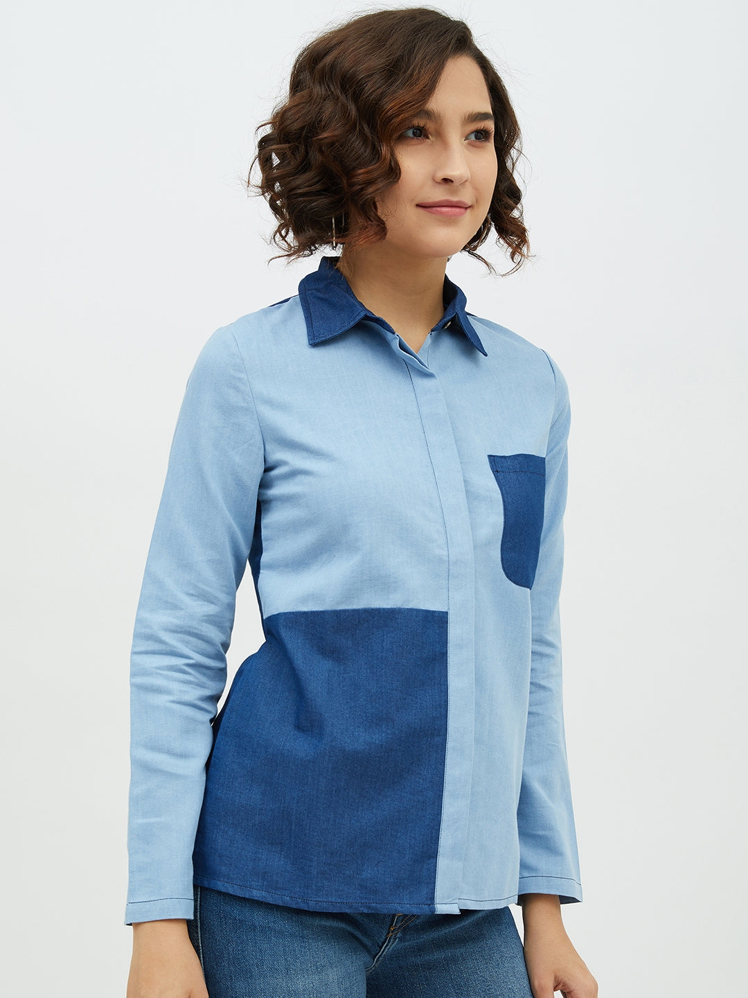 Women's Blue Colour Block Denim Shirt