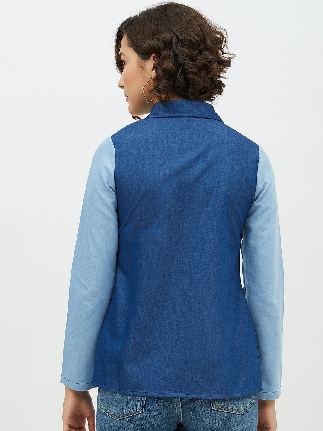 Women's Blue Colour Block Denim Shirt