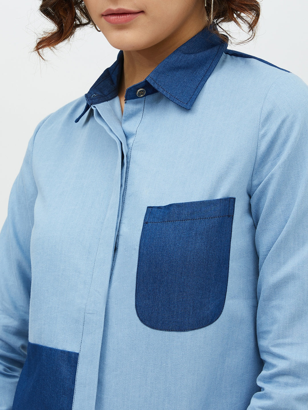 Women's Blue Colour Block Denim Shirt