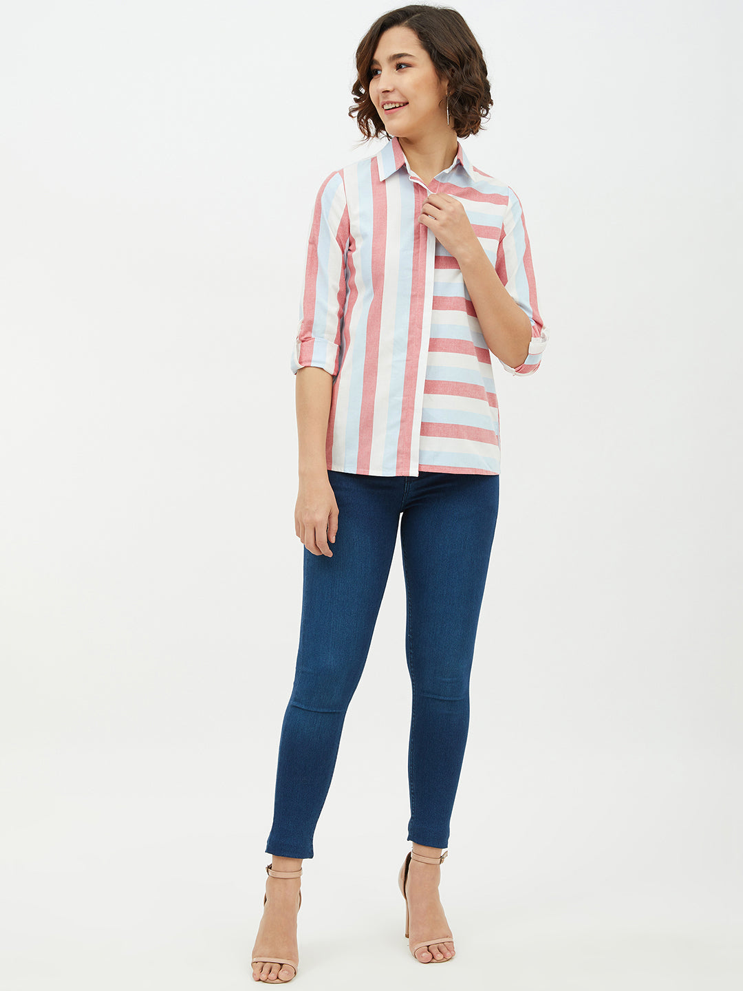 Women's Blue Colour Block Denim Shirt