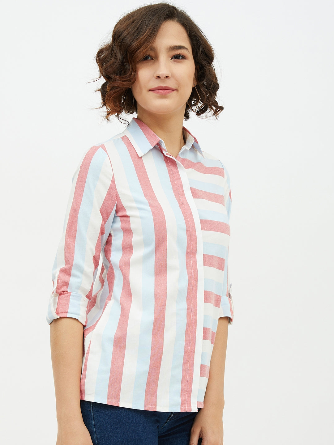 Women's Blue Colour Block Denim Shirt