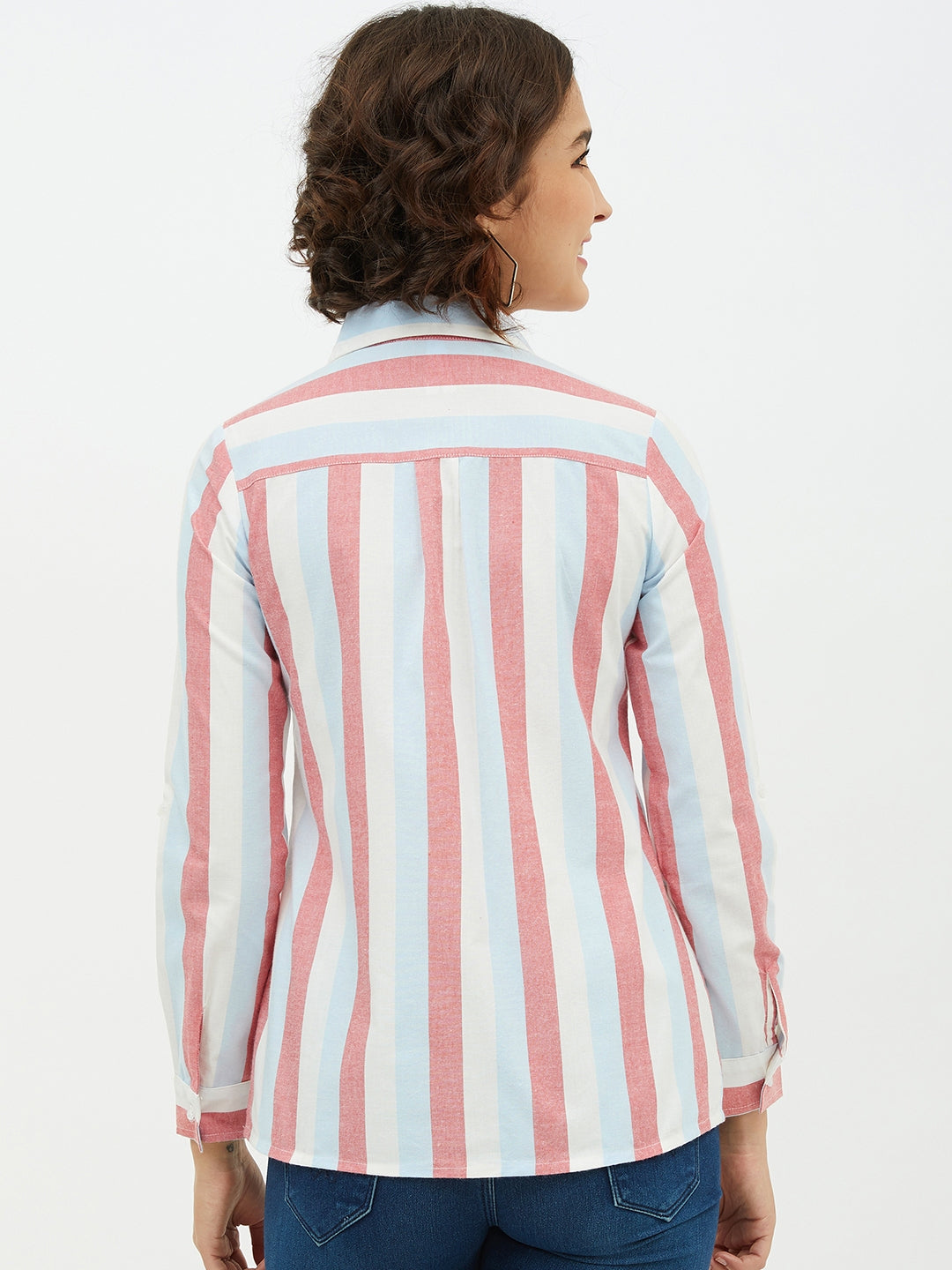 Women's Blue Colour Block Denim Shirt
