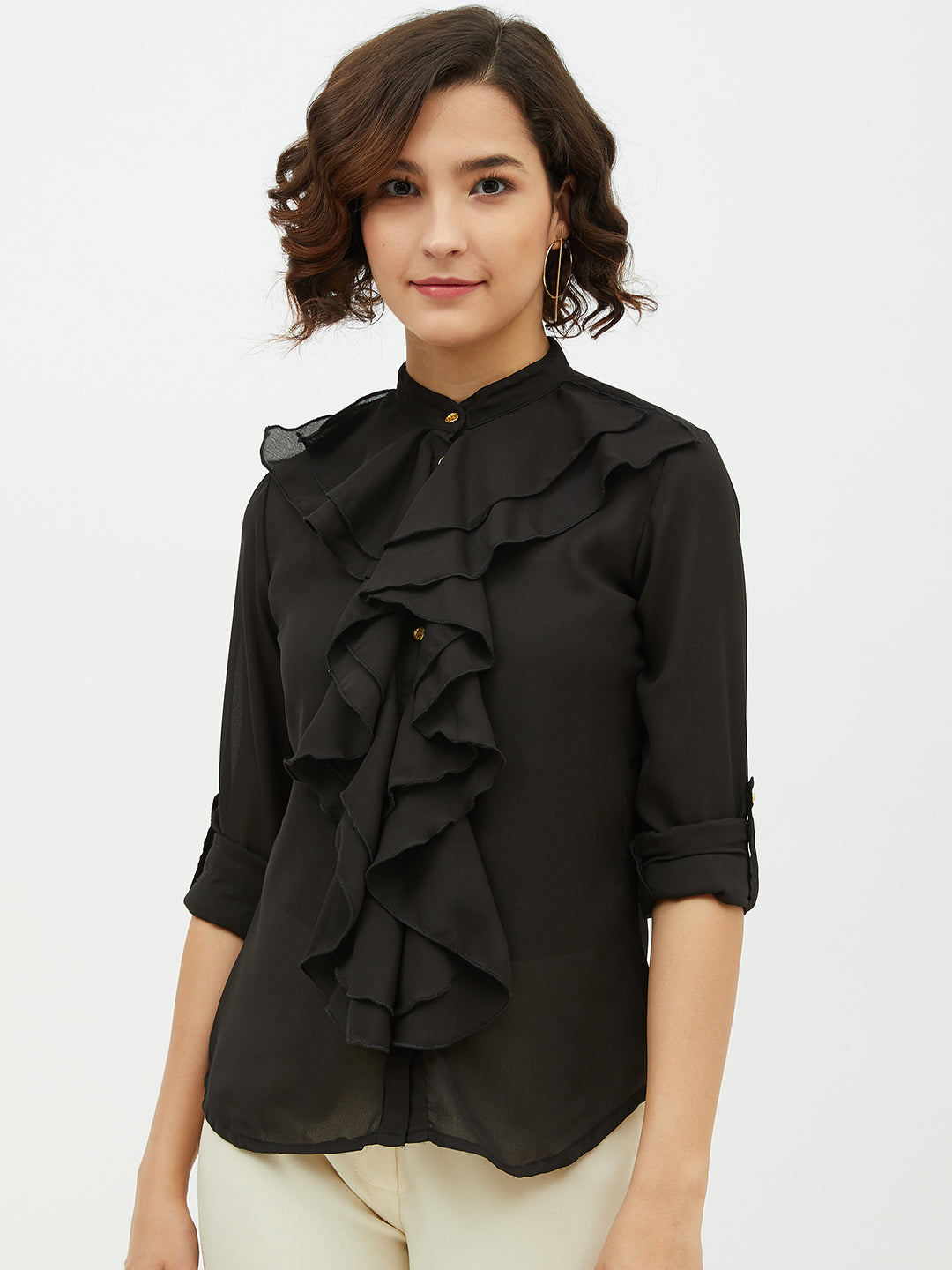 Women's Black Ruffle Polyester Moss Shirt