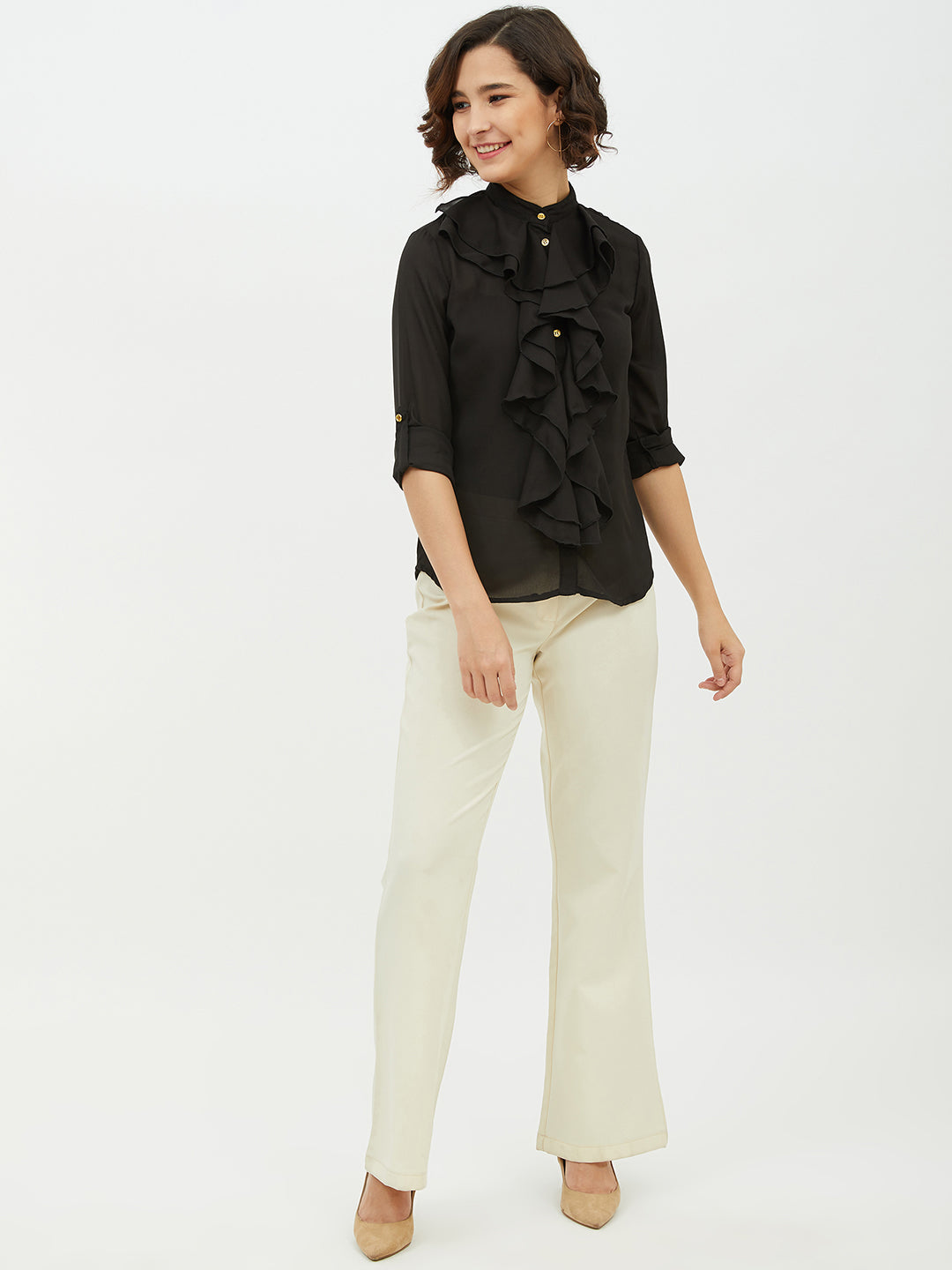 Women's Black Ruffle Polyester Moss Shirt