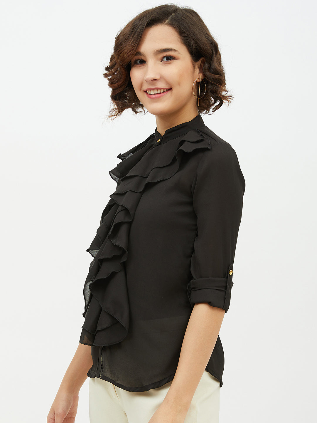 Women's Black Ruffle Polyester Moss Shirt