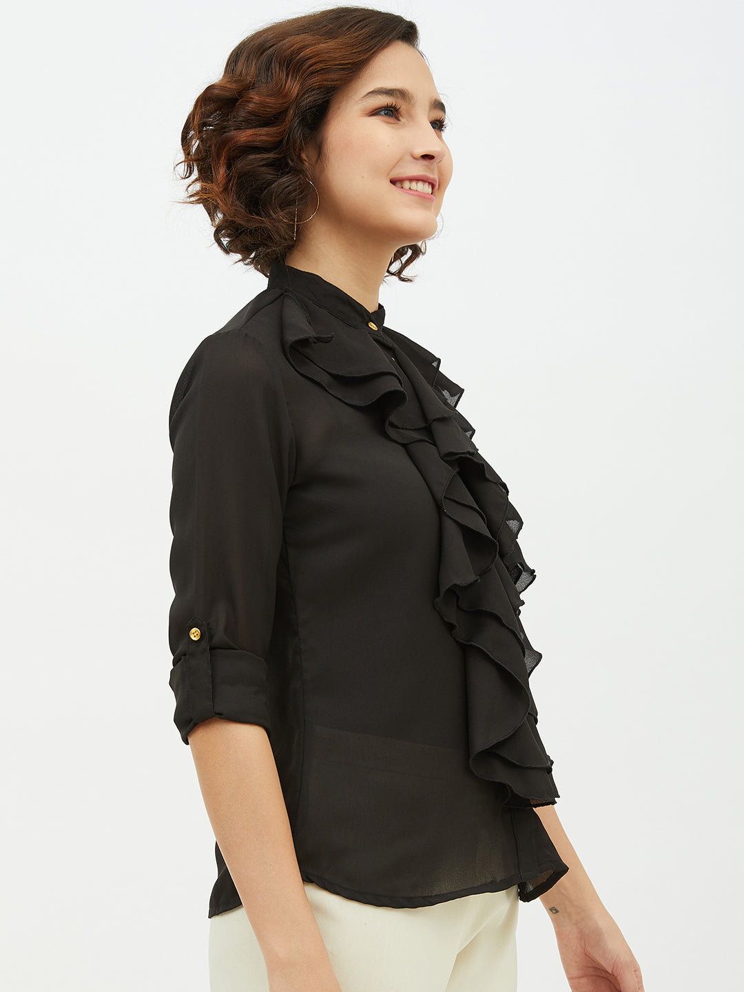 Women's Black Ruffle Polyester Moss Shirt