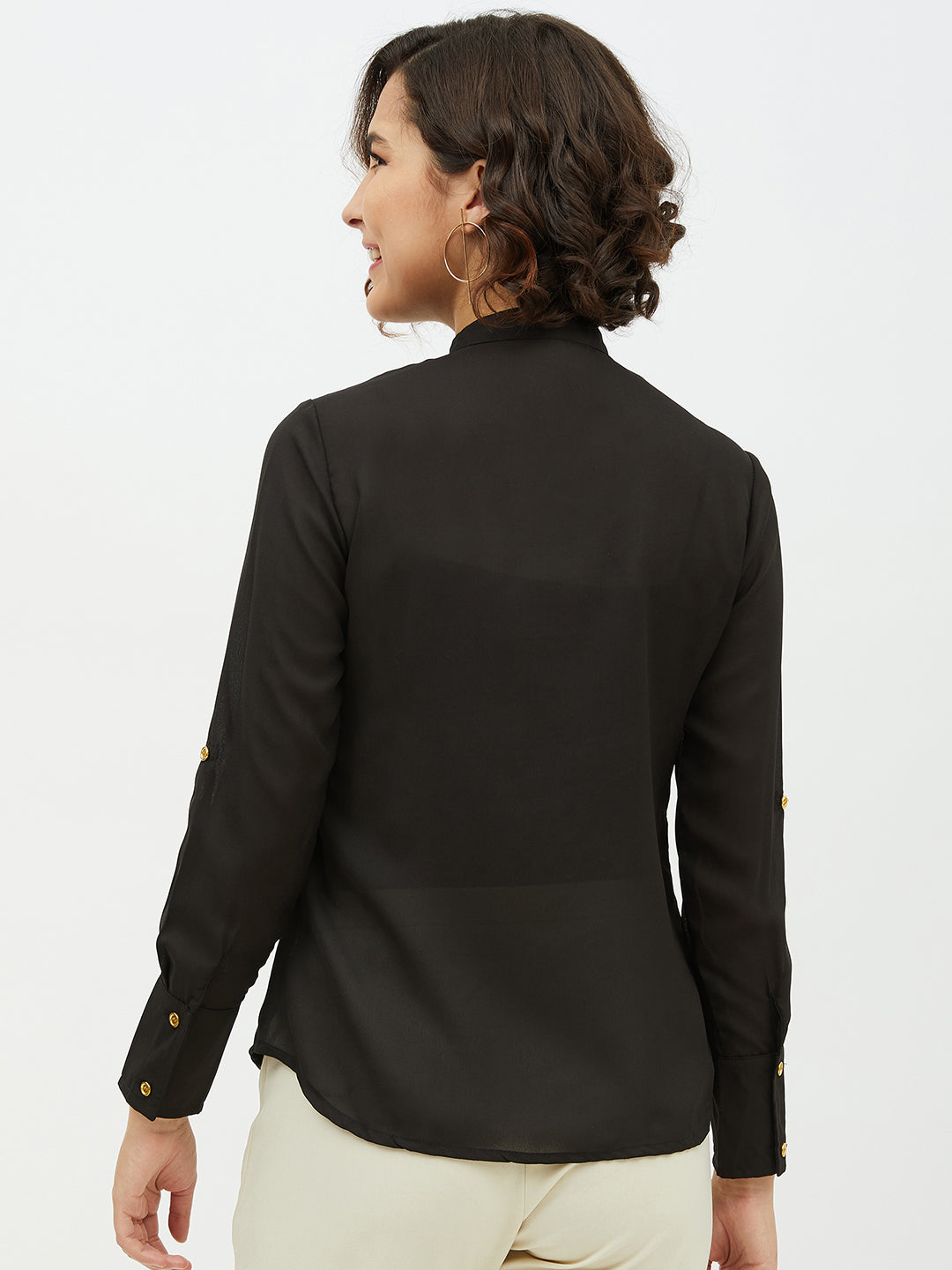 Women's Black Ruffle Polyester Moss Shirt