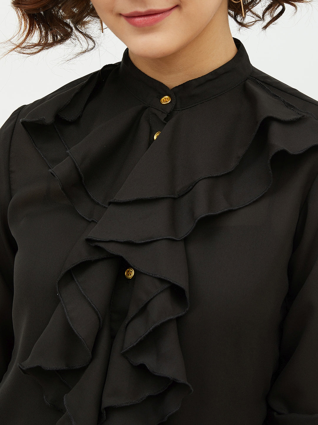 Women's Black Ruffle Polyester Moss Shirt