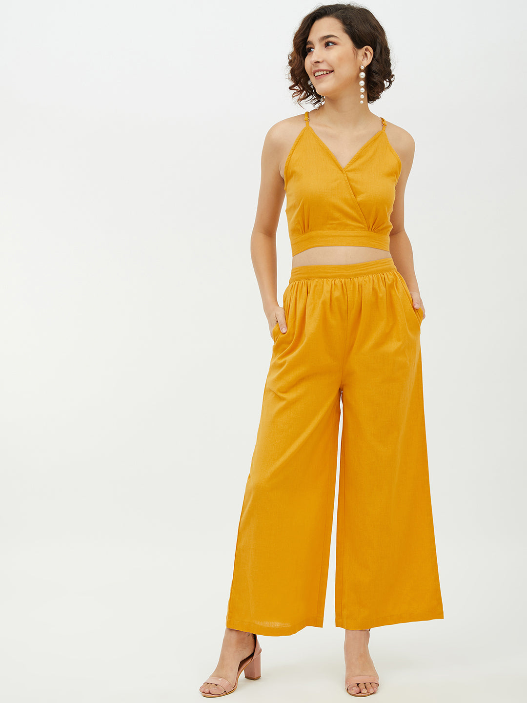 Women's Cotton Linen Yellow Crop Top and Palazzo set