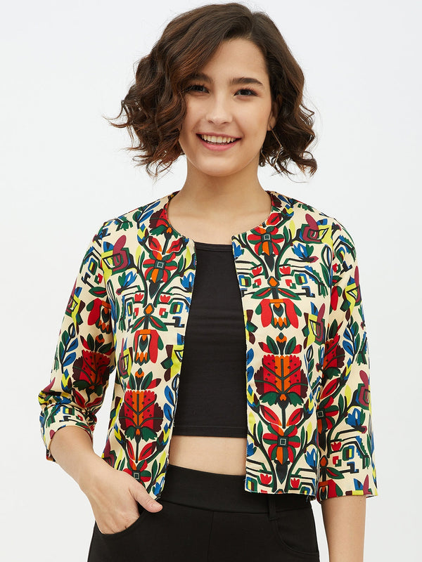 Women's Polyester Moss Floral Printed Open Shrug
