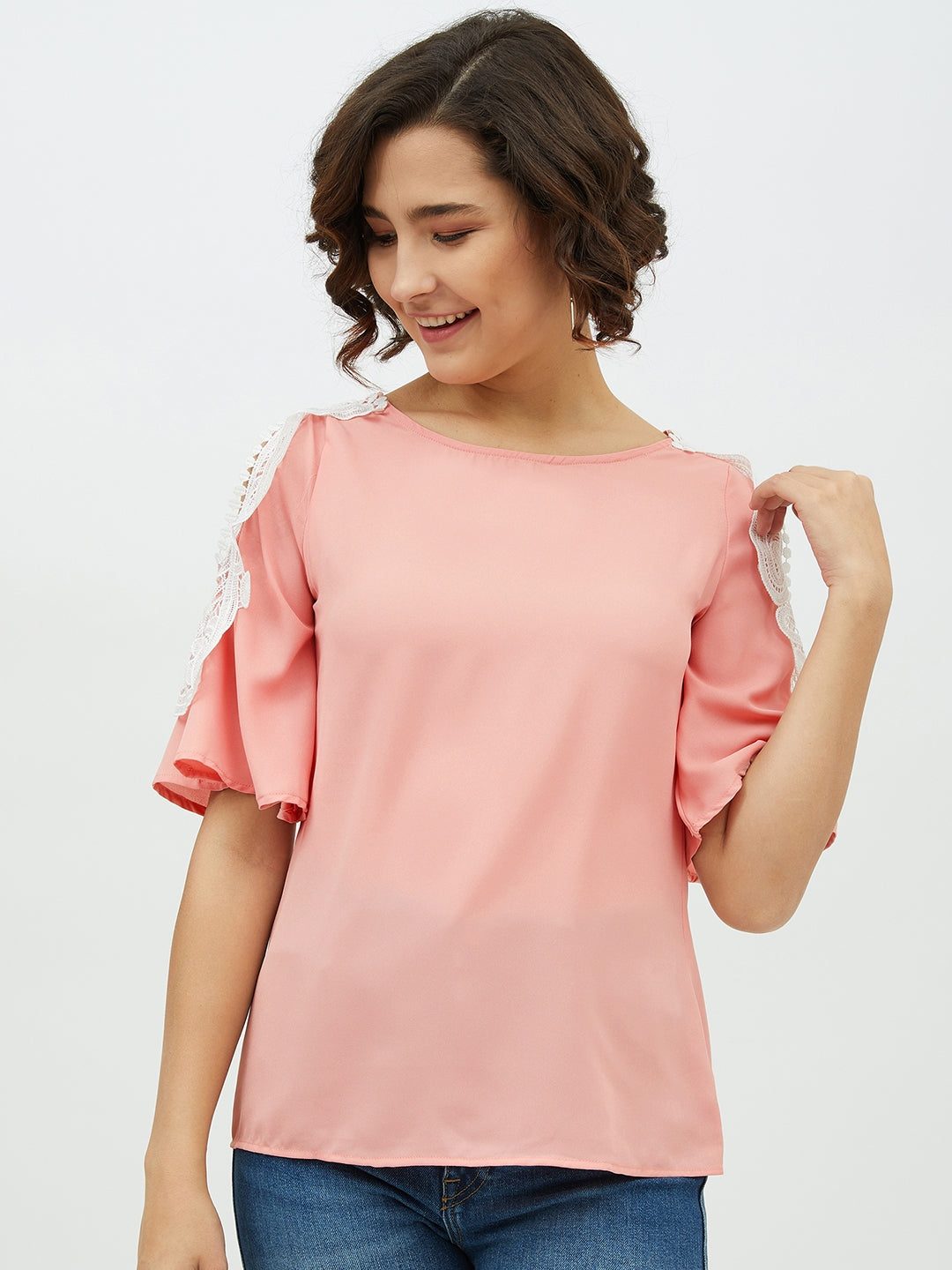 Women's Polyester Moss Top with Shoulder Lace Detail