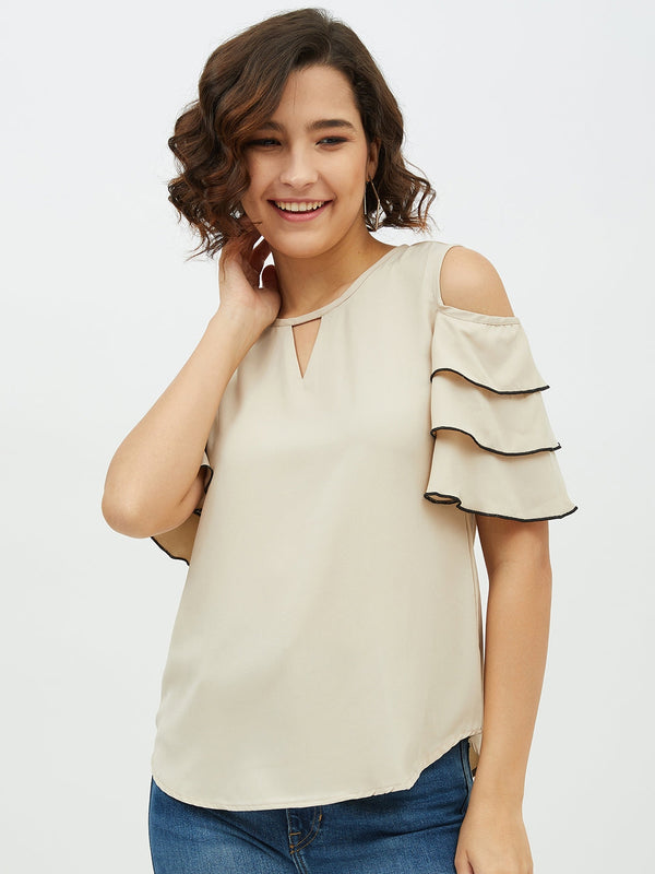 Women's Gold Polyester Moss Tier Sleeve Top