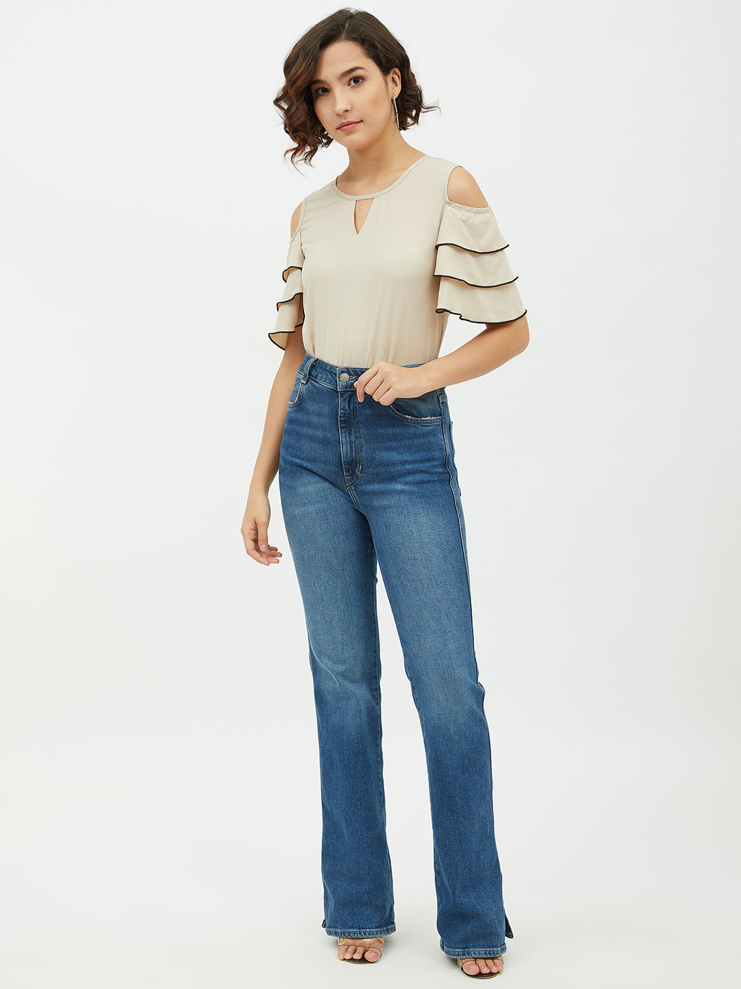 Women's Gold Polyester Moss Tier Sleeve Top