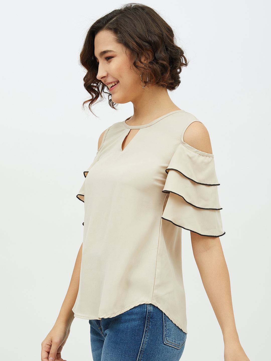 Women's Gold Polyester Moss Tier Sleeve Top