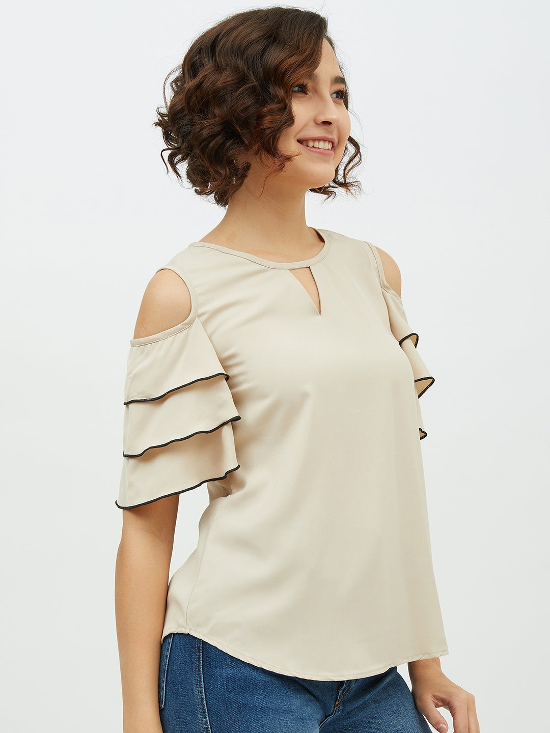 Women's Gold Polyester Moss Tier Sleeve Top