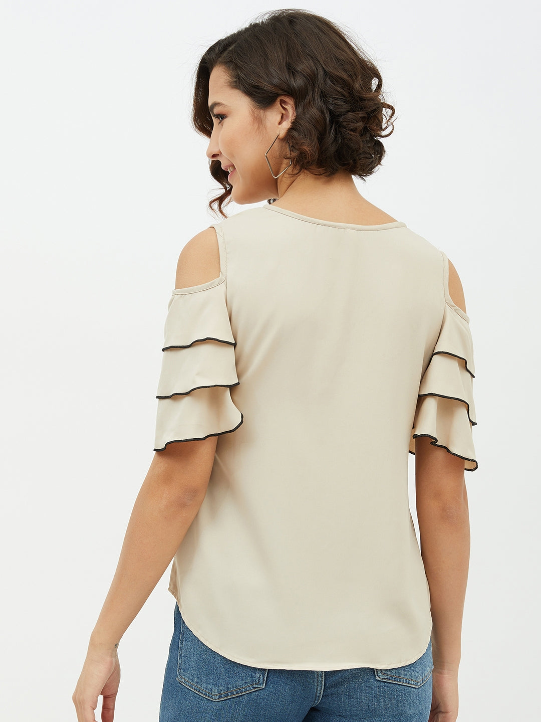 Women's Gold Polyester Moss Tier Sleeve Top