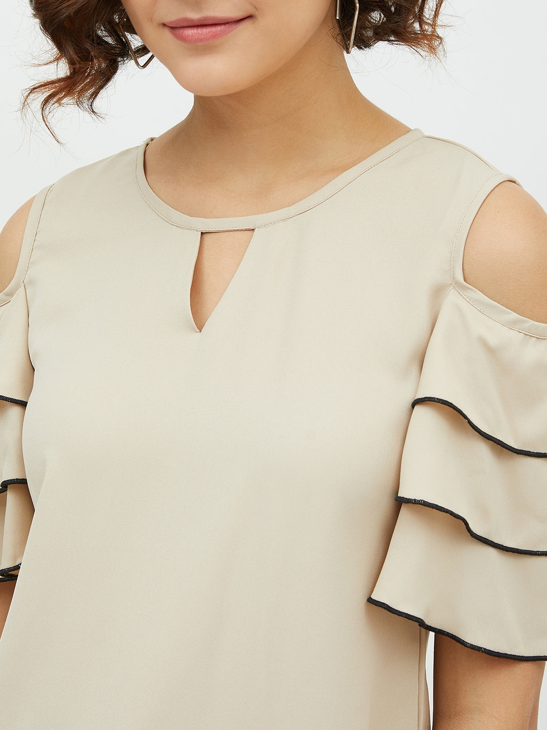 Women's Gold Polyester Moss Tier Sleeve Top