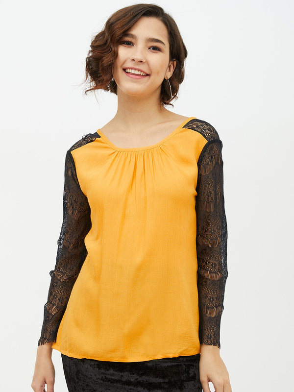Women's Yellow Rayon Top with Lace Sleeve