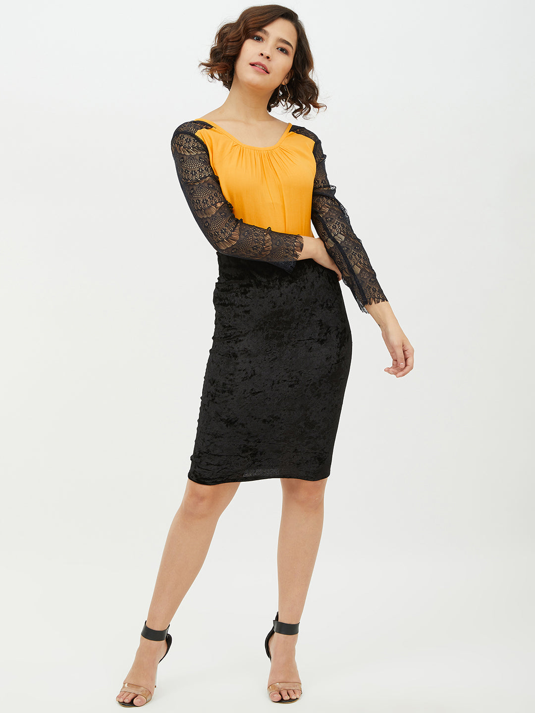 Women's Yellow Rayon Top with Lace Sleeve