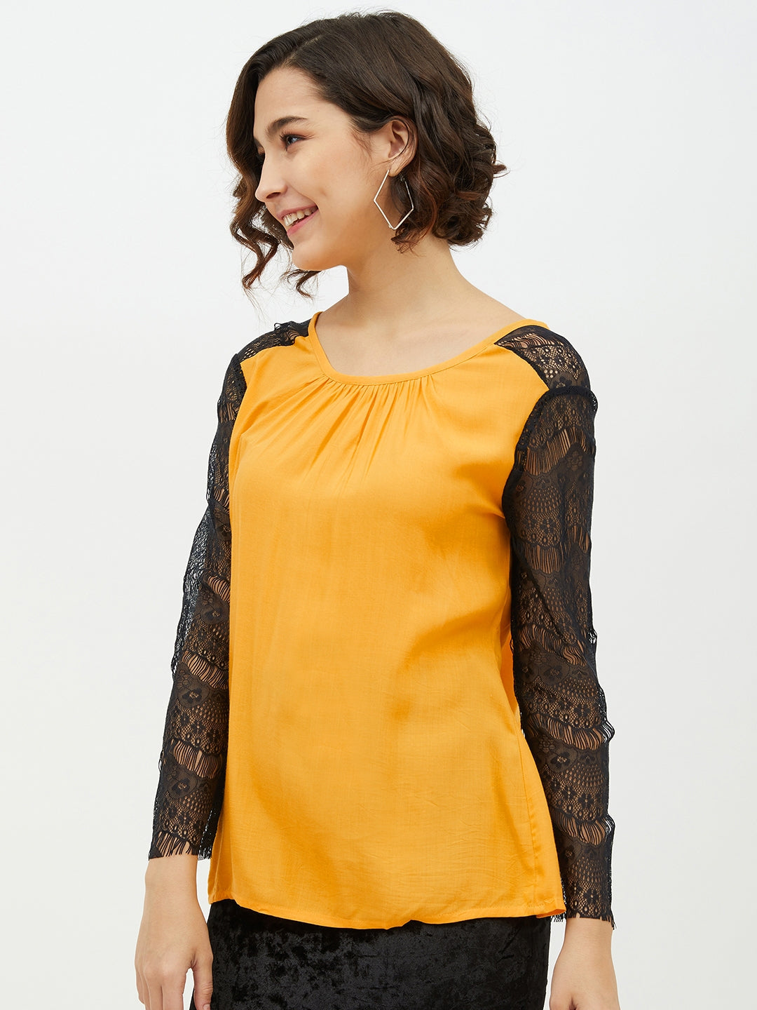 Women's Yellow Rayon Top with Lace Sleeve