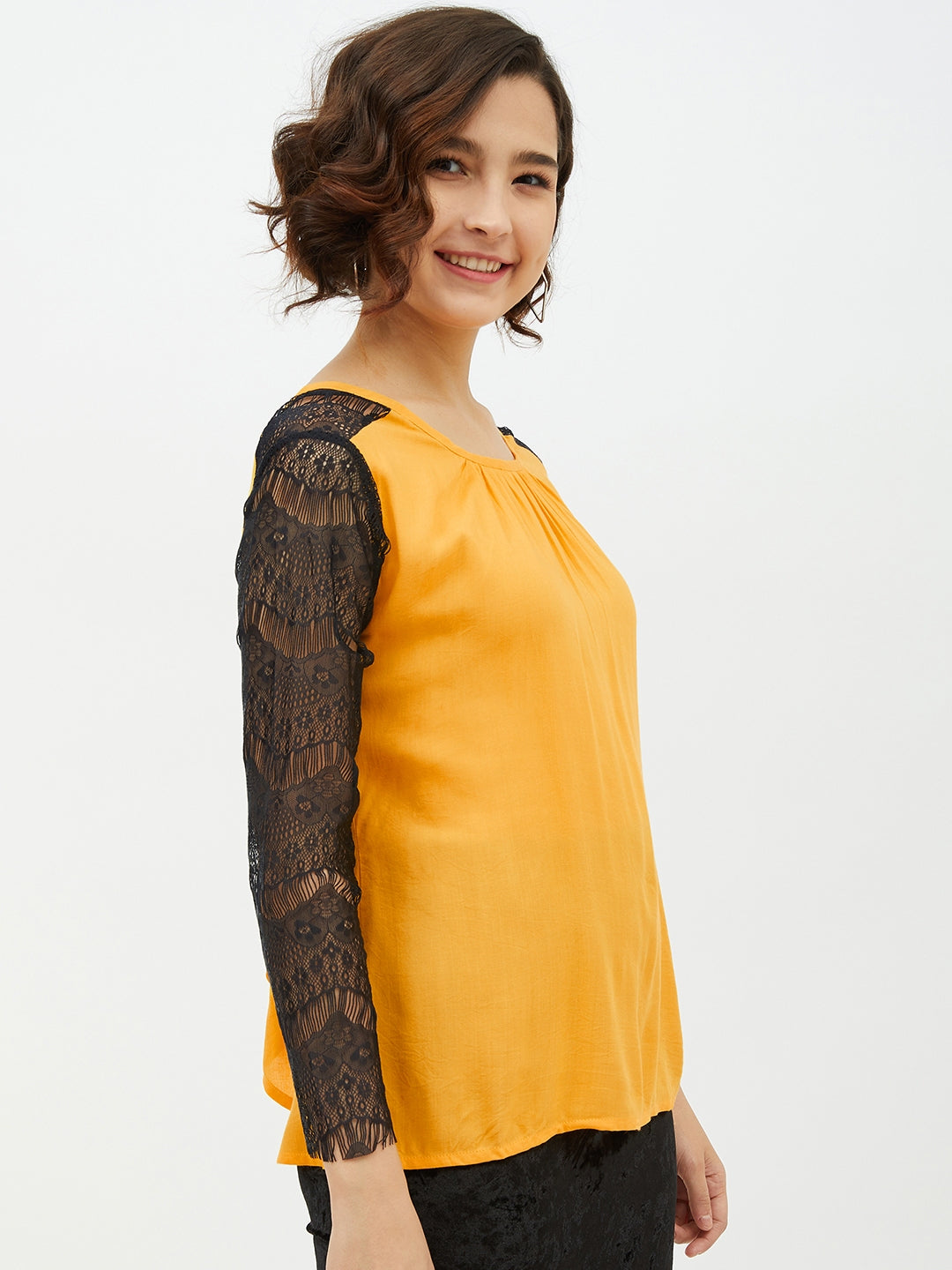 Women's Yellow Rayon Top with Lace Sleeve