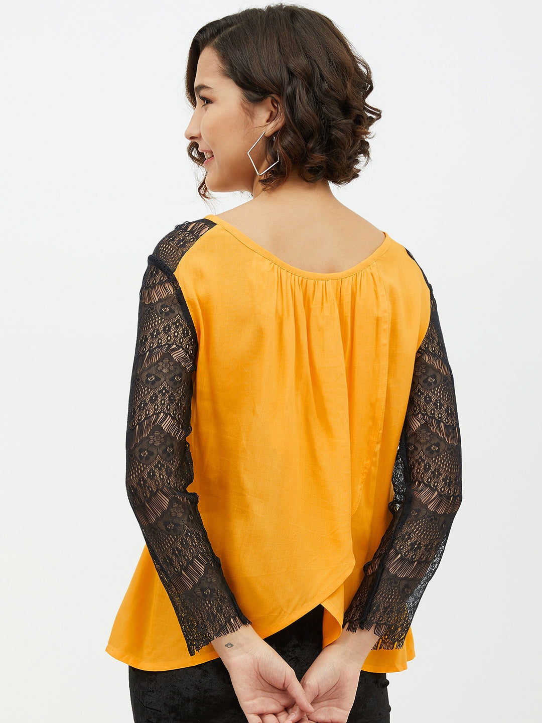 Women's Yellow Rayon Top with Lace Sleeve
