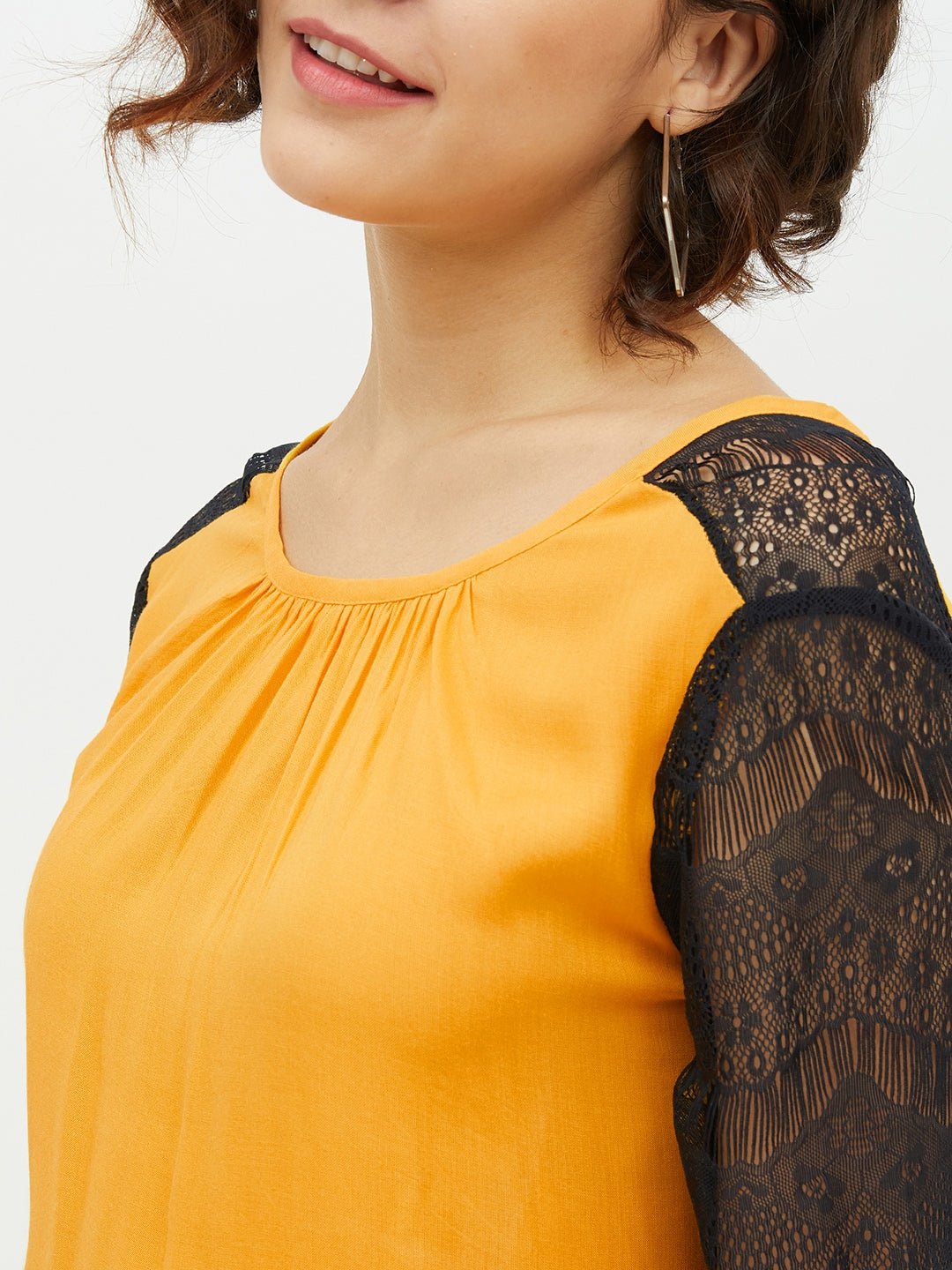 Women's Yellow Rayon Top with Lace Sleeve