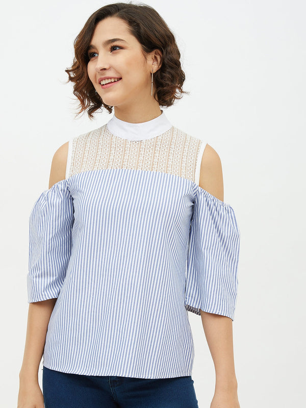 Women's Blue & White Cotton Stripe with Lace detail top