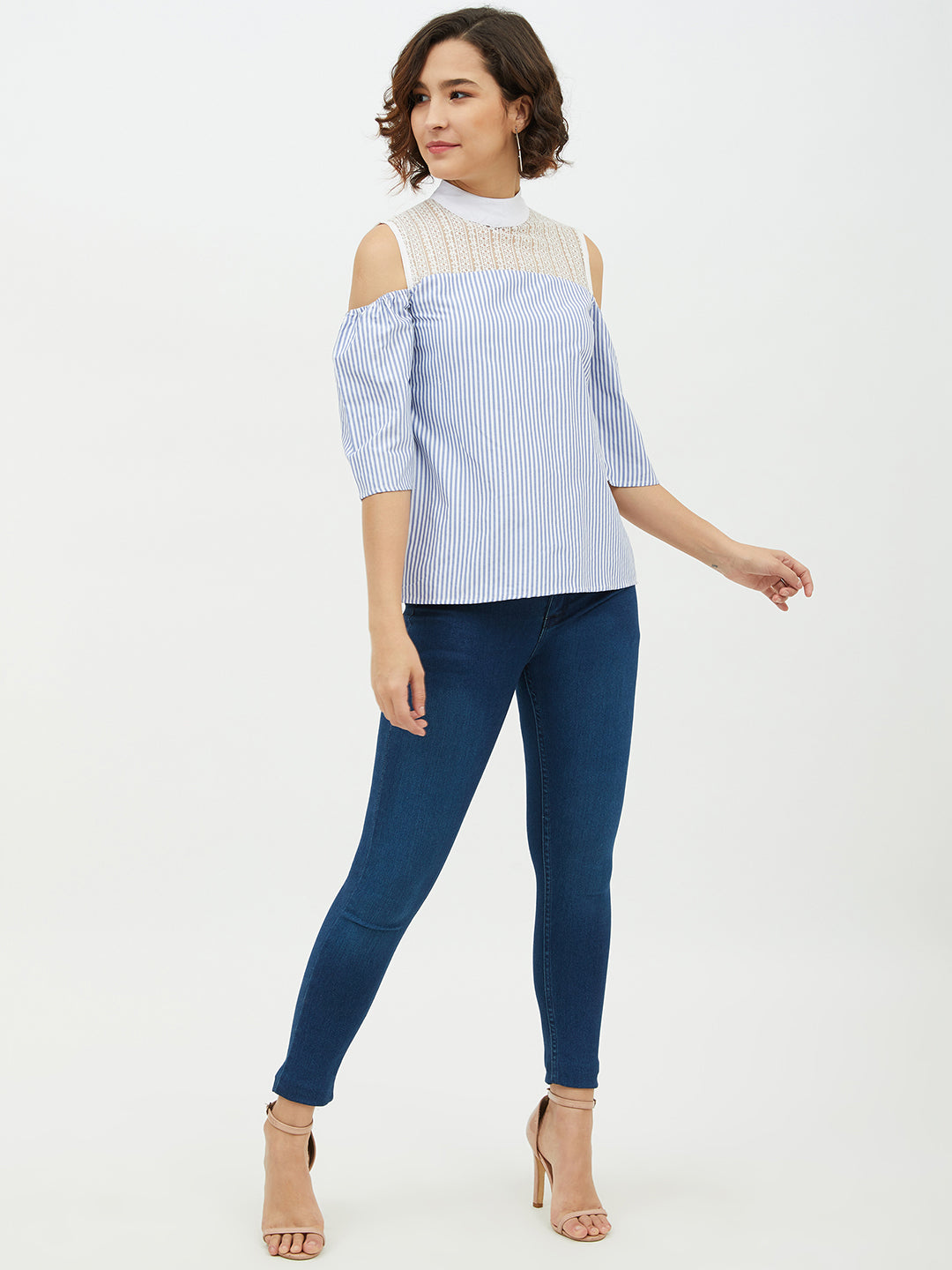 Women's Blue & White Cotton Stripe with Lace detail top