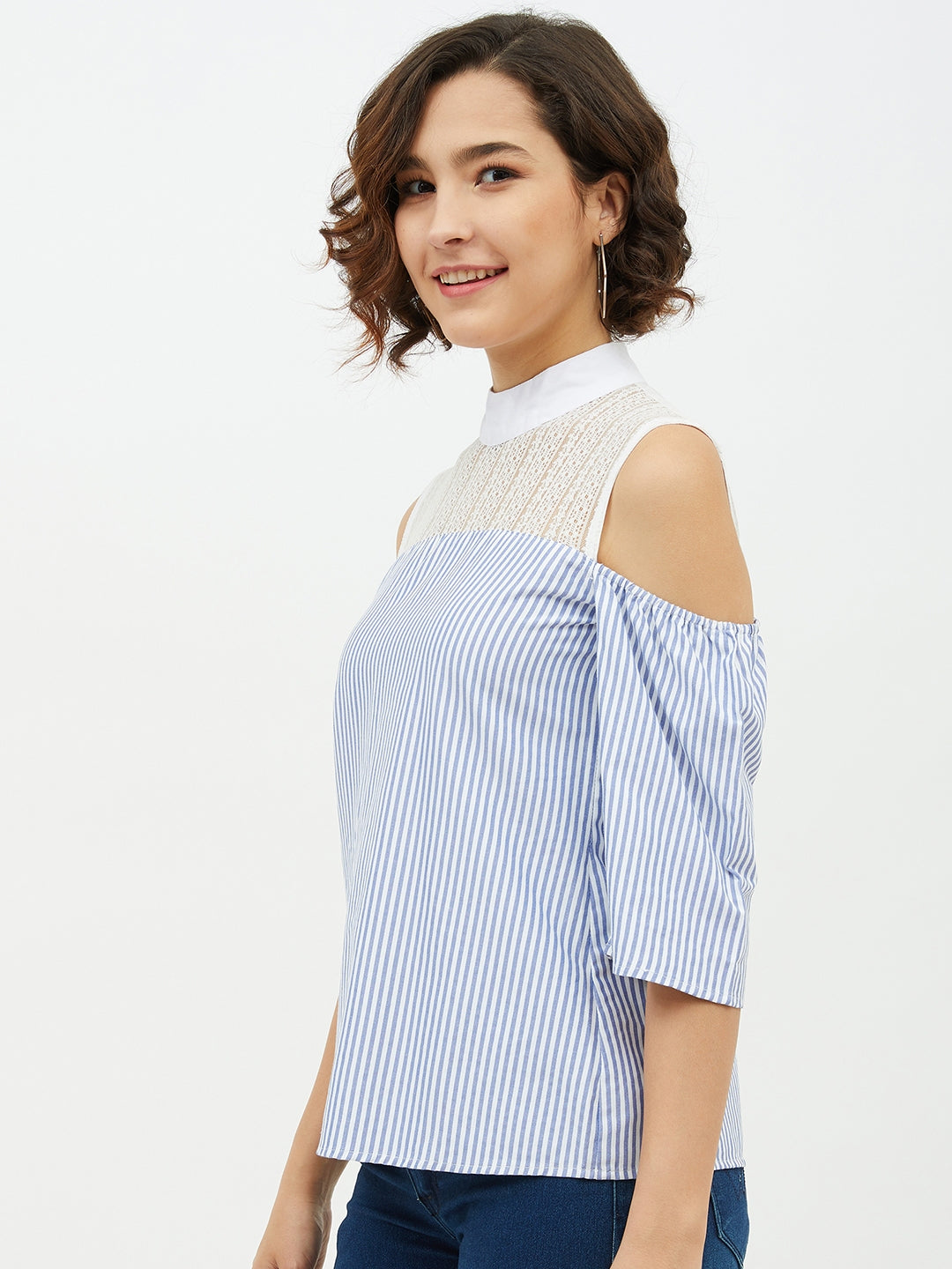 Women's Blue & White Cotton Stripe with Lace detail top